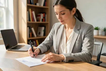 Femme remplissant un formulaire administratif pour refaire son permis de conduire après une perte ou un vol