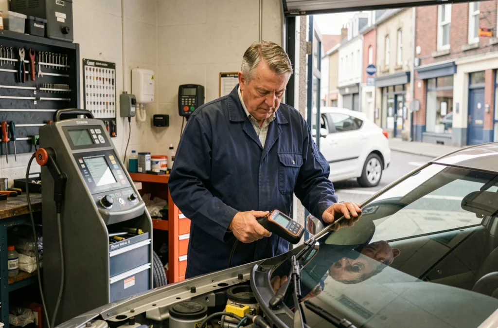 Mécanicien utilisant un scanner de diagnostic connecté à un véhicule au Garage Briochin à Saint-Brieuc