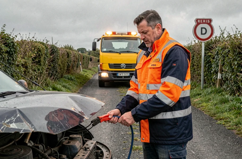 Technicien de dépannage en veste haute visibilité connectant des câbles de démarrage à un véhicule en panne sur une route bretonne pour Garage-Dépannage Galivel