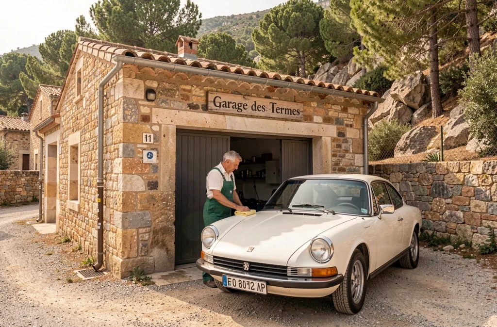 Mécanicien du Garage des Termes nettoyant une voiture réparée devant un garage en pierre typique des Alpes-Maritimes