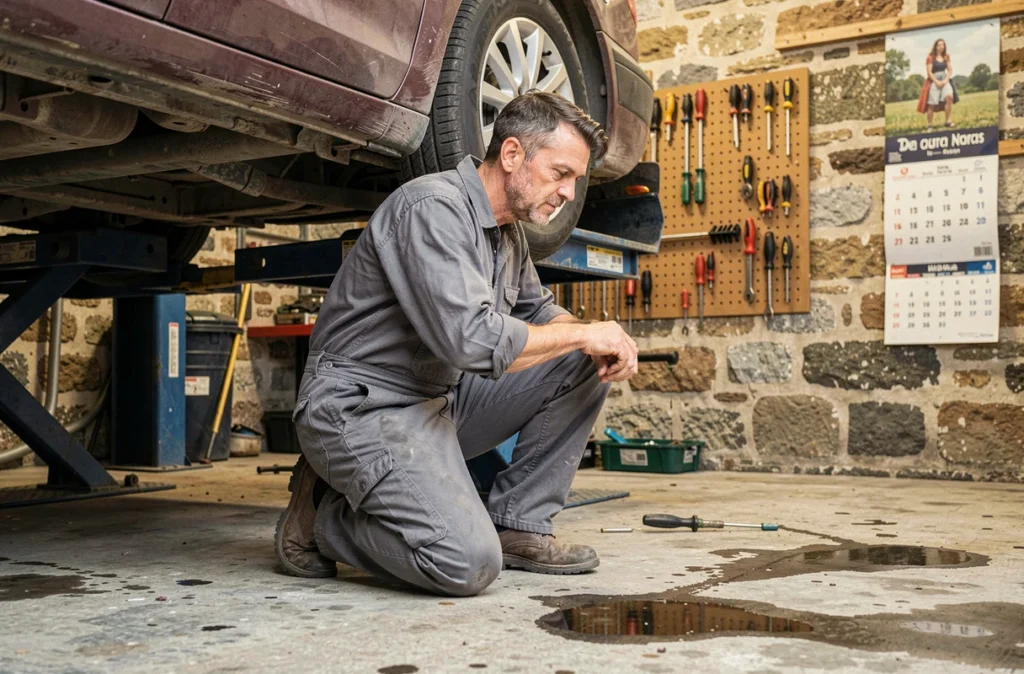 Mécanicien en combinaison grise travaillant sous un véhicule surélevé au Garage Kerlouis à Plouguernével