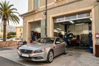 Vue d'ensemble d'une carrosserie professionnelle dans les Alpes-Maritimes avec une voiture réparée devant le garage