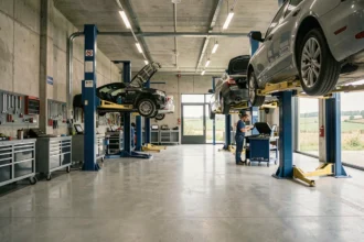 Vue panoramique de l'intérieur d'un garage automobile dans les Côtes-d'Armor avec plusieurs véhicules sur ponts élévateurs et un mécanicien au travail