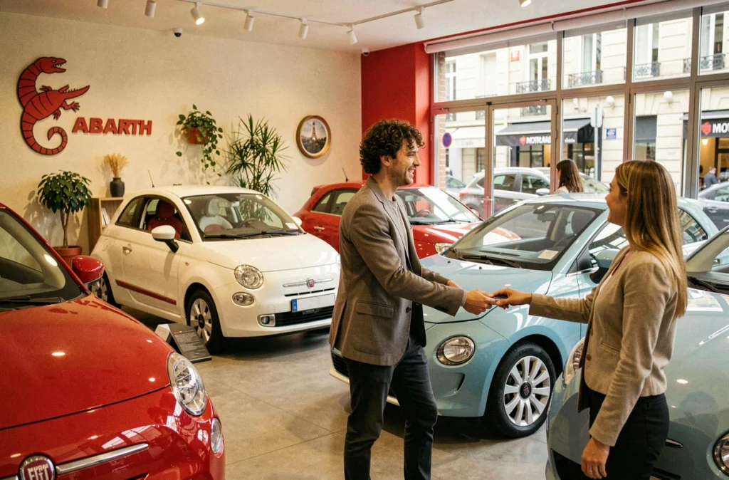 Intérieur coloré du Motor Village Fiat avec des modèles Fiat 500 et Abarth exposés dans un décor d'inspiration italienne