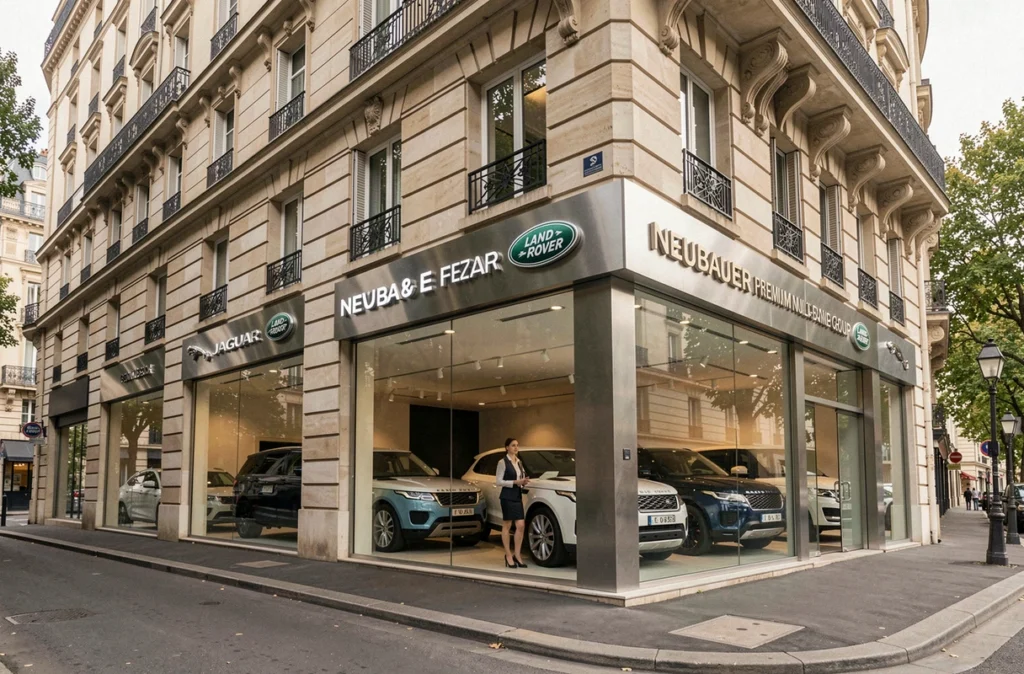 Extérieur élégant du groupe multimarque premium Neubauer dans le 17e arrondissement avec plusieurs marques de luxe
