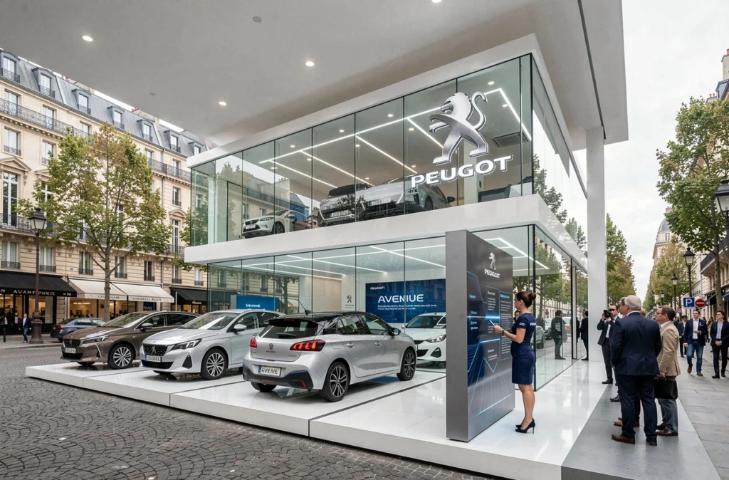 Espace d'exposition Peugeot Avenue sur les Champs-Élysées avec des modèles récents sur des plateformes blanches