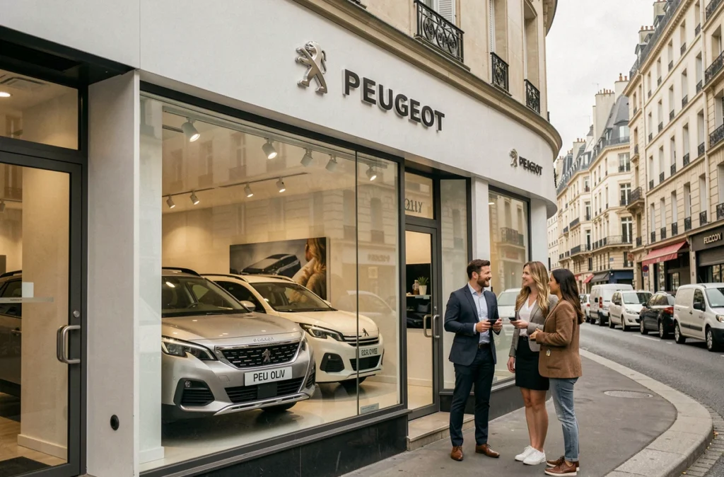 Façade de la concession Peugeot Paris 11 Locarson avec ses modèles exposés derrière une vitrine en verre