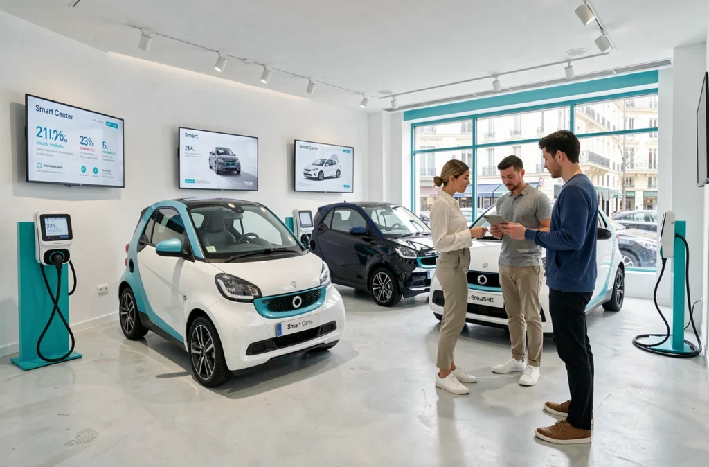 Showroom épuré du Smart Center Paris avec des micro-citadines électriques Smart EQ et Smart #1 exposées sur sol blanc