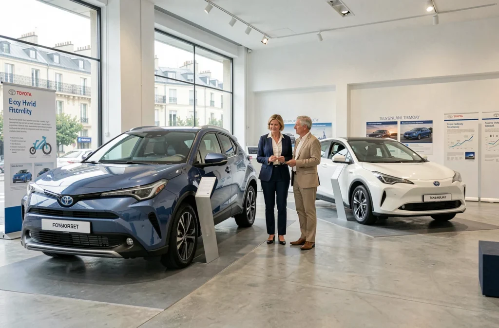 Intérieur de la concession Toyota Paris 5 avec des modèles hybrides et électriques exposés sur un sol en béton poli