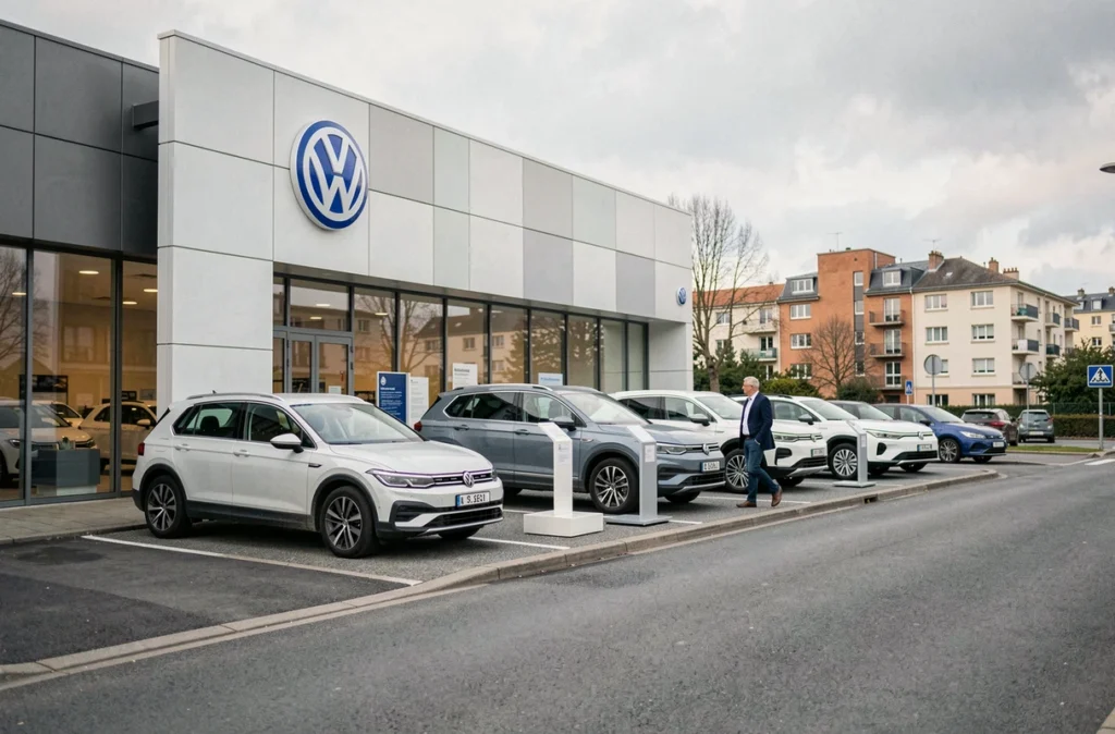 Extérieur d'une grande concession Volkswagen en Île-de-France avec des modèles VW exposés sur le parvis d'entrée