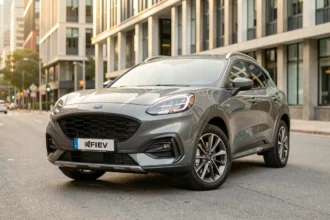 Ford Puma gris solaire garé en ville, vue trois quarts avant mettant en valeur son design SUV compact hybride
