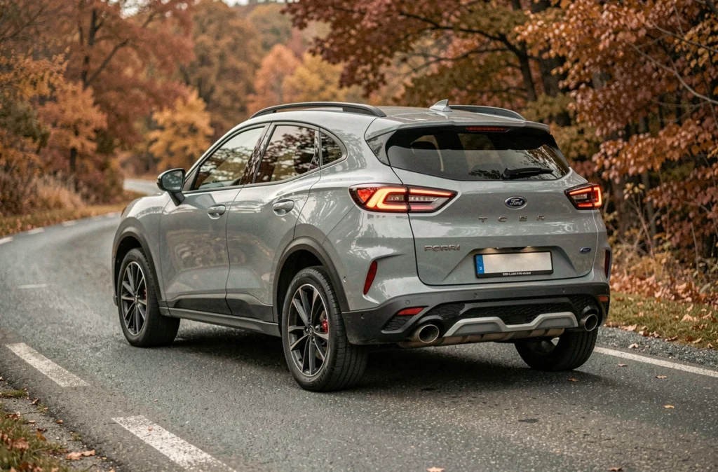 Ford Puma hybride gris solaire sur route de campagne en automne, vue arrière trois quarts illustrant son côté SUV polyvalent